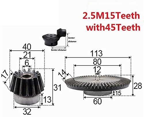 Alanooy 2pcs 1: 3 engrenagem chanfrada 2.5 módulo 15 orifício de dentes 6mm 45 dentes Hole interno 12mm 90 graus de comutação de comutação