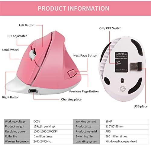 Mouse ergonômico - 2,4 GHz de mouse óptico ergonômico vertical sem fio DPI para laptop para PC, 3 DPI ajustável 1200/1600/2000 Camundongos sem fio