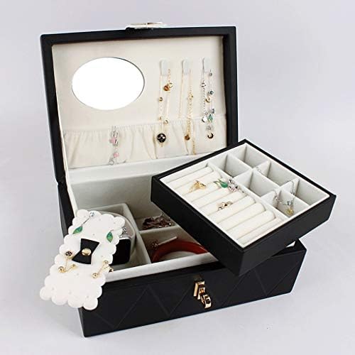 Caixa de armazenamento de jóias de lesões de madeira dupla camada de jóias de jóias de pulseira de colar de anel de anel