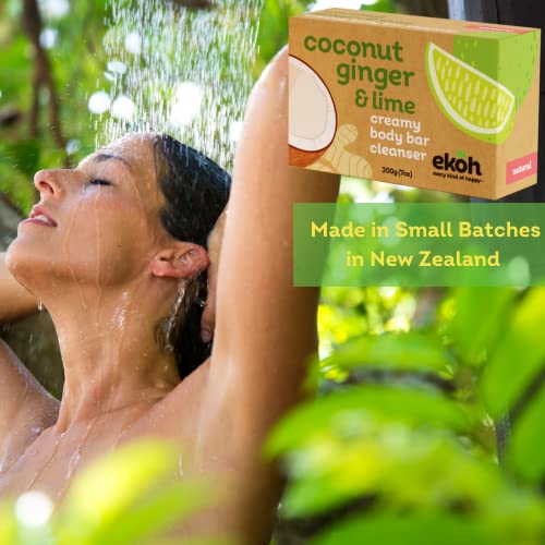 Barra de sabão natural ekoh - barra de sabão do corpo de coco orgânica para homens e mulheres - sabão vegano - barra de lavagem cremosa e ecológica feita na Nova Zelândia - sabonete de rosto e corpo para todos os tipos de pele - 200g