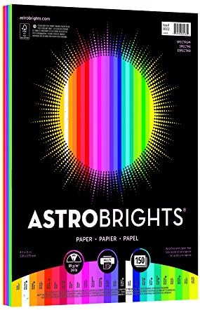 Papel de cor Astrobrighs, 8,5 ”x 11”, 24 lb/89 GSM, Spectrum Veltiments de 25 cores, 150 folhas