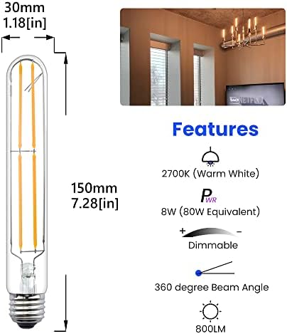Lustaled 8W Lâmpadas LED de filamento E26 E26 Edison, lâmpada tubular T10 Branco quente 2700k Igual 80 watts Vintage