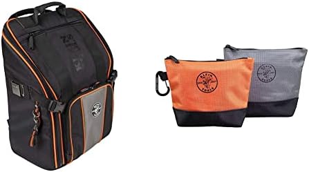 Klein Tools 55482 Backpack da bolsa de ferramentas e bolsa de utilidade 55470, sacos de ferramentas com zíper, duras 1680d Teave balístico, fundo reforçado, laranja/preto, cinza/preto, 2 pacote