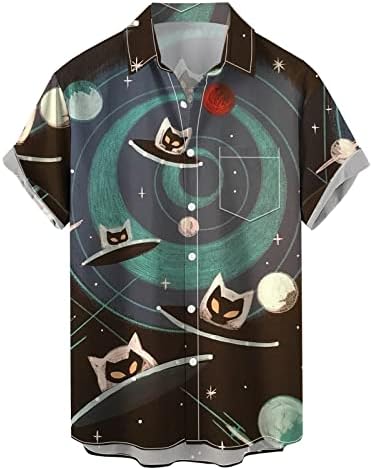 Camisa de vestido de verão para homens camisa de verão tampa de mangas curtas botão fofo gato estampado vestido de listra