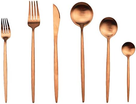 Gugrida Copper Stain Flawarware, Modern 6 peças Matte Rose Gold 304 Aço inoxidável Salada de sobremesa Salada Fork 7.2 , Camping Dinnerware Set Casedware Wedding Festival de Natal Utensílios de alimentação