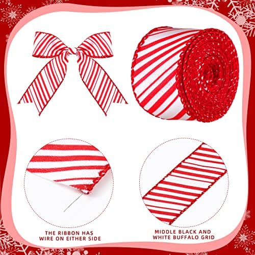 2 rolos de Natal Fita de faixa de hortelã de pimenta vermelha e branca fita com fio de Natal Fita de chapéu de fita de Natal