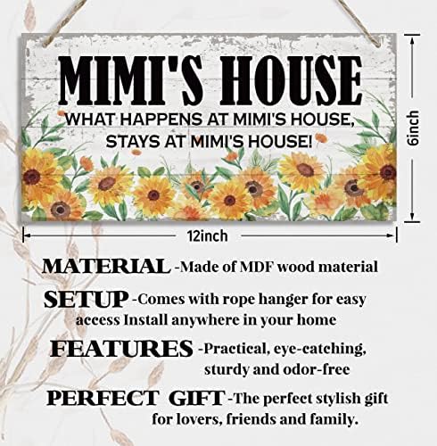 Casa do vintage Mimi O que acontece na casa de Mimi, permanece no sinal de decoração de madeira de Mimi, decoração de placa de madeira impressa, sinal de decoração de casa rústica, decoração MIMI, presente para vovó de 12x6 polegadas