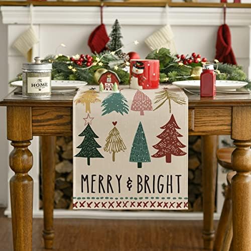 Modo Artóide Trees de Natal Merry Bright Boho Mesa de Natal Runner, Decoração da mesa de jantar sazonal de cozinha para festa