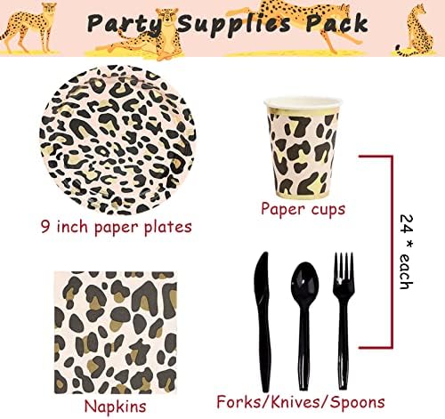 Dylives 144 PCS Pacote de suprimentos para festas de estampa de leopardo de animais, Salfara Cheetah Decorações de festa de aniversário de aniversário Zoo Disponível de tabela, inclui pratos, guardanapos, xícaras e talheres