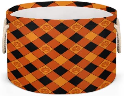 Abóboras xadrez laranja grandes cestas redondas para cestas de lavanderia de armazenamento com alças cestas de armazenamento de cobertor