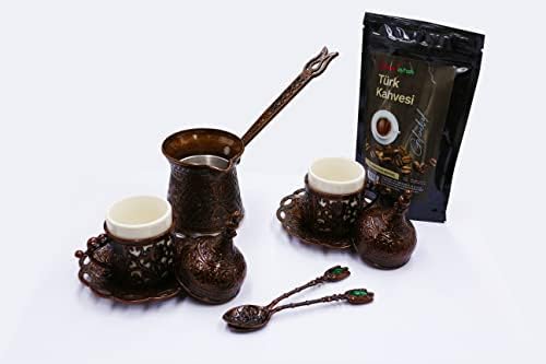 BestChoice Copper Turkish Coffee for Serving Set - 12 PCs - Com 100g de café turco - 2 xícaras de porcelana Bandejas de 5 onças - 2 colheres de design bordado bordado vintage de 2 colheres