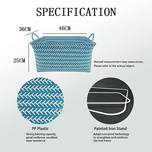 Xheir cestas de lavanderia de plástico extra grandes, cesta de presente de tecer retângulo para organizar com alças, azul e branco, 18,1 x 14,1 x 9,8