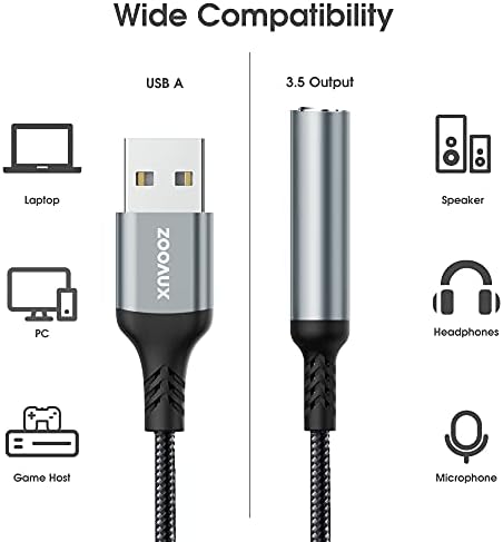 Zooaux USB a 3,5 mm Adaptador de áudio Jack, placa de som externa USB-A para o adaptador de tomada de áudio com conversor estéreo AUX compatível com fone de ouvido, PC Windows, Laptop Mac, desktops, Linux, PS4 PS5 e mais