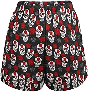 Crânios brancos, vermelho e preto rosas shorts femininos de cintura alta impressão de calças curtas casuais praia brechas com bolsos