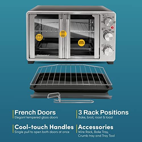 Elite Gourmet EtO2530m Double French Door Banchetop Toaster forno, assando, grelhado, torrada, mantenha aquecido, se encaixa na pizza de 12 , capacidade de 25L, aço inoxidável e preto