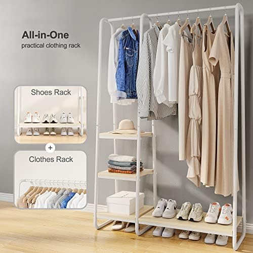 RAYBEE REQUERNA BRANCO RATURA COM prateleiras, roupas de serviço pesado para pendurar roupas Rack de roupas de metal rack portátil Rack de vestuário Rack de vestuário de 245 libras 15,6 D x 39,9 W x 67,1 H