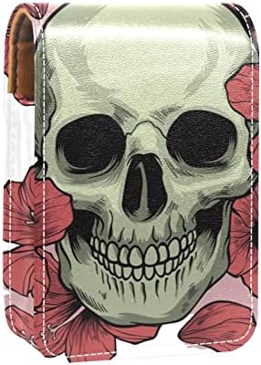 Mini estojo de batom com espelho para bolsa, cabeça de crânio com flores portáteis Organização