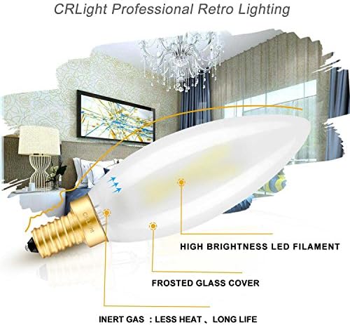 Crlight 5000K 2W LED Candelabra Bulb Daylight White, 25W equivalente a 250lm, E12 Base Leda Led Base Led Bulbs Filamento Bulbas, Estilo Antigo B10 Vapa Fosco de Vidro Torpedo
