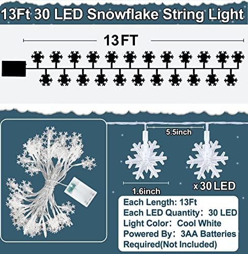 TurnMeon 30 LED 13 pés de Natal Decoração de luzes de flocos de neve, Timer Fairy String Luzes de bateria operada por luzes