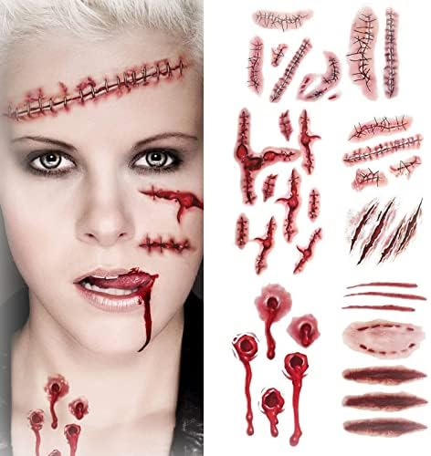 Dzhzuj 20pcs Halloween zumbi scars tatuagens com cicatriz falsa de figurina maquiagem maquiagem de halloween decoração de terror ferida