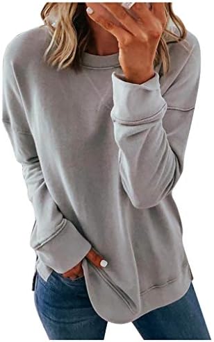 Moletom de manga longa casual feminina Molho de moletom de cor sólida redonda do pescoço solto solto de t-shirts de tamanho grande