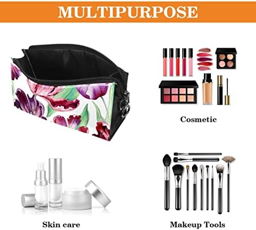 Bolsa de maquiagem, bolsa de cosméticos, organizador de bolsa de maquiagem à prova d'água, aquarela de tulipa floral roxo