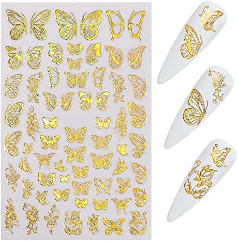 Adesivos mocossmy butterfly unhas de arte, 8 lençóis da simulação de borboleta de ouro de 8 folhas Decalques de unhas de borboleta de borboleta Auto adesivo a laser holográfico Glitter Glitter Unhe