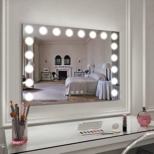 Espelho de vaidade de neutral com luzes, espelho de maquiagem com luzes, espelho iluminado com 18 luzes diminuídas para a mesa de maquiagem, ampliação de 5x, 3 modos de cores, mesa ou parede, porta de charing, porta de charing