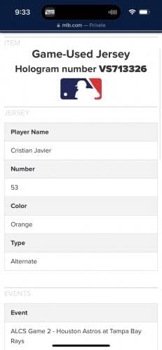 Cristian Javier Astros Game usou Jersey Wastesy “2020 pós -temporada” temporada de estreante - jogo MLB usou camisas