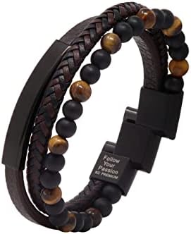 KC Premium Leather Breads Bracelet Men gravado inspirado o aperto de aço magnético Ajuste