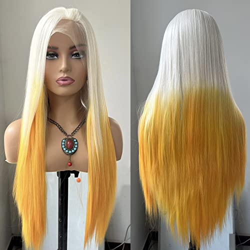 Cocofans ombre Wigs dianteiro de renda amarela para mulheres longas peruca sintética longa loira para cabelo amarelo
