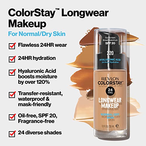 Fundação líquida de Revlon, maquiagem de face colorstay para pele normal e seca, SPF 20, cobertura média de longa data