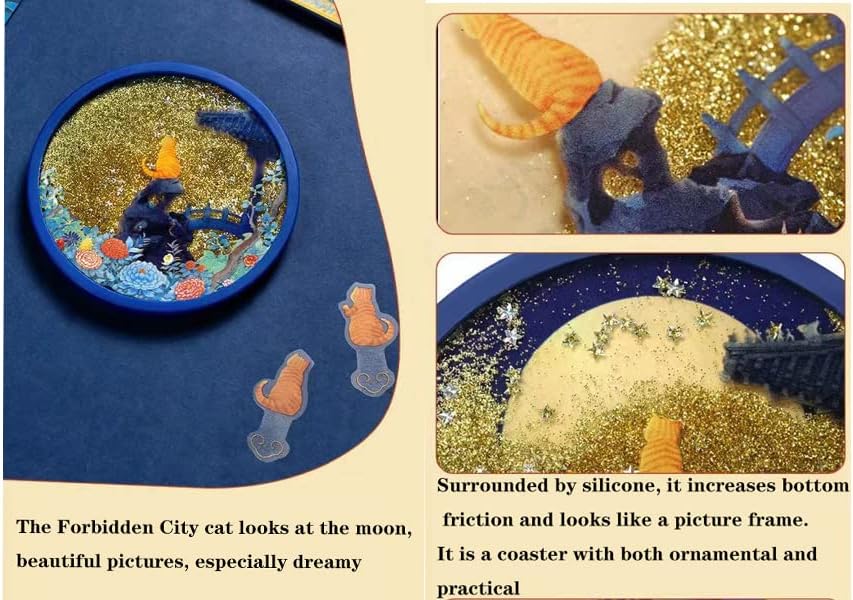 Sekooat Coasters para mover arte de areia ， Círculo 3D pode girar a pintura do deserto de 360 ​​° ， montanha -russa e gato olhando para a lua, montanhas -russas engraçadas ， para casa, escritório, restaurante - mesa de café, mesa, decoração da cozinha