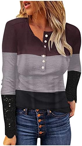 Camisa listrada Henley Mulheres 1/4 Button Up Blusa Clearia Slim Fit Fit Lace