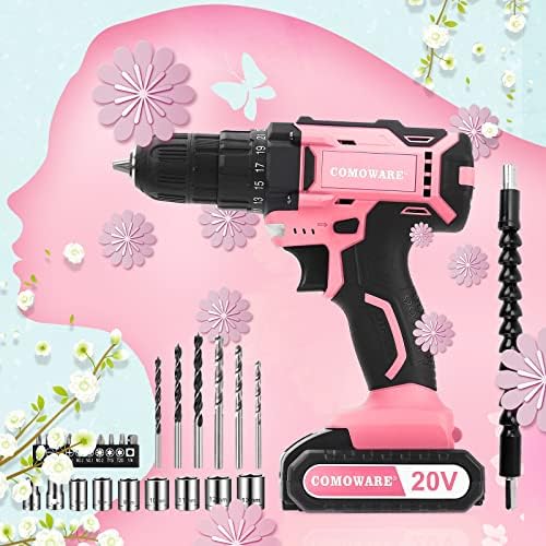 Encursão de potência rosa de comoware, broca de 20V rosa sem fio, perfuração rosa para mulheres, 1 bateria e carregador, mandril sem