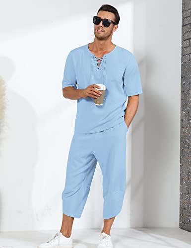 Babioboa masculino de linho de 2 peças de manga curta camisa hippie e calça de harém folggy capri calças de ioga de praia casual