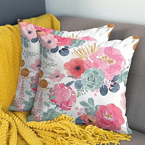 Cxmeifly Spring Floral Capas de travesseiro de 18 x 18 polegadas de 2 polegadas para 2 para aquarela Flores rosa Decoração Pillows Folhas verdes Planta Casos de almofada decorativa ao ar livre com zíper para decorações de cama de sofá