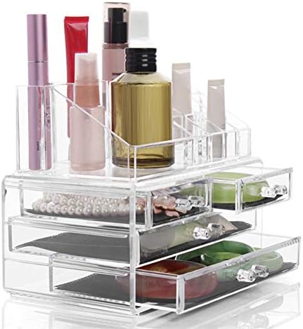 Caixa de armazenamento cosmético transparente, penteadeira de moda, jóias, cosméticos, suporte de perfume, 4 gavetas para