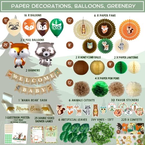 3 pacote de produtos: 429 peças Decorações de chá de bebê da floresta para menino ou menina Conjunto + 193 PC Conjunto de tabela descartável da floresta - Serve 24 + 21 PC Woodland Baby Shower Centerpieces e redemoinhos