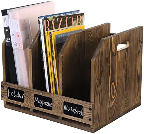 Mygift Rustic Burnt Brown Wood Office Desktop Document File File Pasta Organizer Rack com 3 compartimentos e etiquetas