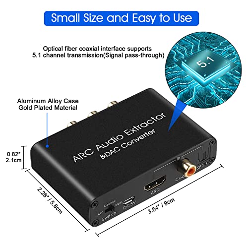 Extrator de áudio de arco HDMI 192KHz DAC Extrator de áudio Arc Audio Suporte a áudio HDMI digital para estéreo analógico Audio RCA L/R Coaxial Spdif e Adaptador de áudio de arco de jack de 3,5 mm para TV para TV