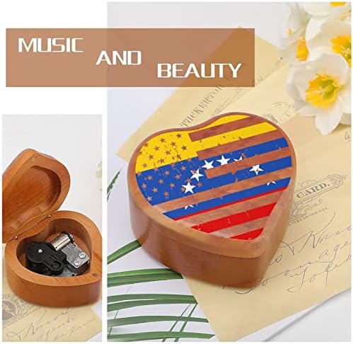 Venezuela American Flag Wooden Music Box Windup Heart Heart Impressa Caixas Musical Caso para aniversário de aniversário de namorado aniversário