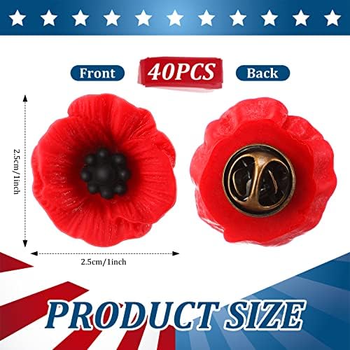 40 PCS Memorial Day Poppy Flower Pins de 1 polegada Resina Red Broche Broche Pin para não esquecemos Poppy Day Presente Veteranos