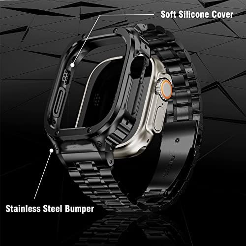 AMZNEW Apple Watch Band com estojo compatível com a série Iwatch Ultra 8/7, 6/5/4/SE, bandas de relógio de aço inoxidável e capa de para -choque de proteção para homens para homens
