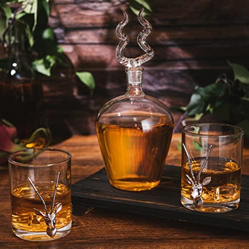 Stag Antler Whisky & Wine Decanter Conjunto 8,5 h com 2 copos de 12 onças - Presente de bourbon escocês de bebidas caçadas para ele pelo savant de vinho - estatueta de veado de veado, Hunter Gifts Luxury Decanter 750ml