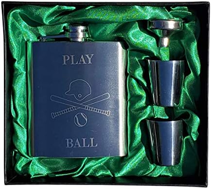 Conjunto de presentes com o frasco com tema de beisebol - Flash de 7 onças gravado com a bola de reprodução