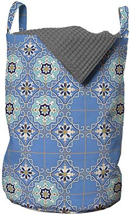 Bolsa de lavanderia marroquina de Ambesonne, criação de arte cultura em tons de retalhos em tons azuis com cachos de flores, cesto de cesto com alças fechamento de cordão para lavanderias, 13 x 19, azul aqua laranja