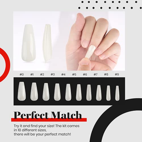 Dicas de unhas de gel macio em gel de besouros, 500pcs de caixão de caixão comprido pregos falsos com tampa completa com cola de unha para esmalte de arte em gel, absorva extensões de unhas fáceis acrílico unhas False Press on Dips de unhas naturais de cor natural