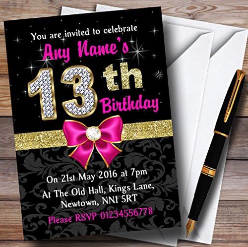 Pink Black Gold Diamond 13th Birthday Party Convites personalizados