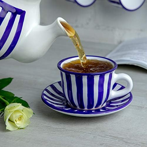 Cidade a Cottage feita à mão marinha escura Blue Stripe Cerâmica 9oz/250ml | Cappuccino, café, xícara de chá e pires, presente de cerâmica de grife exclusivo para amantes de chá